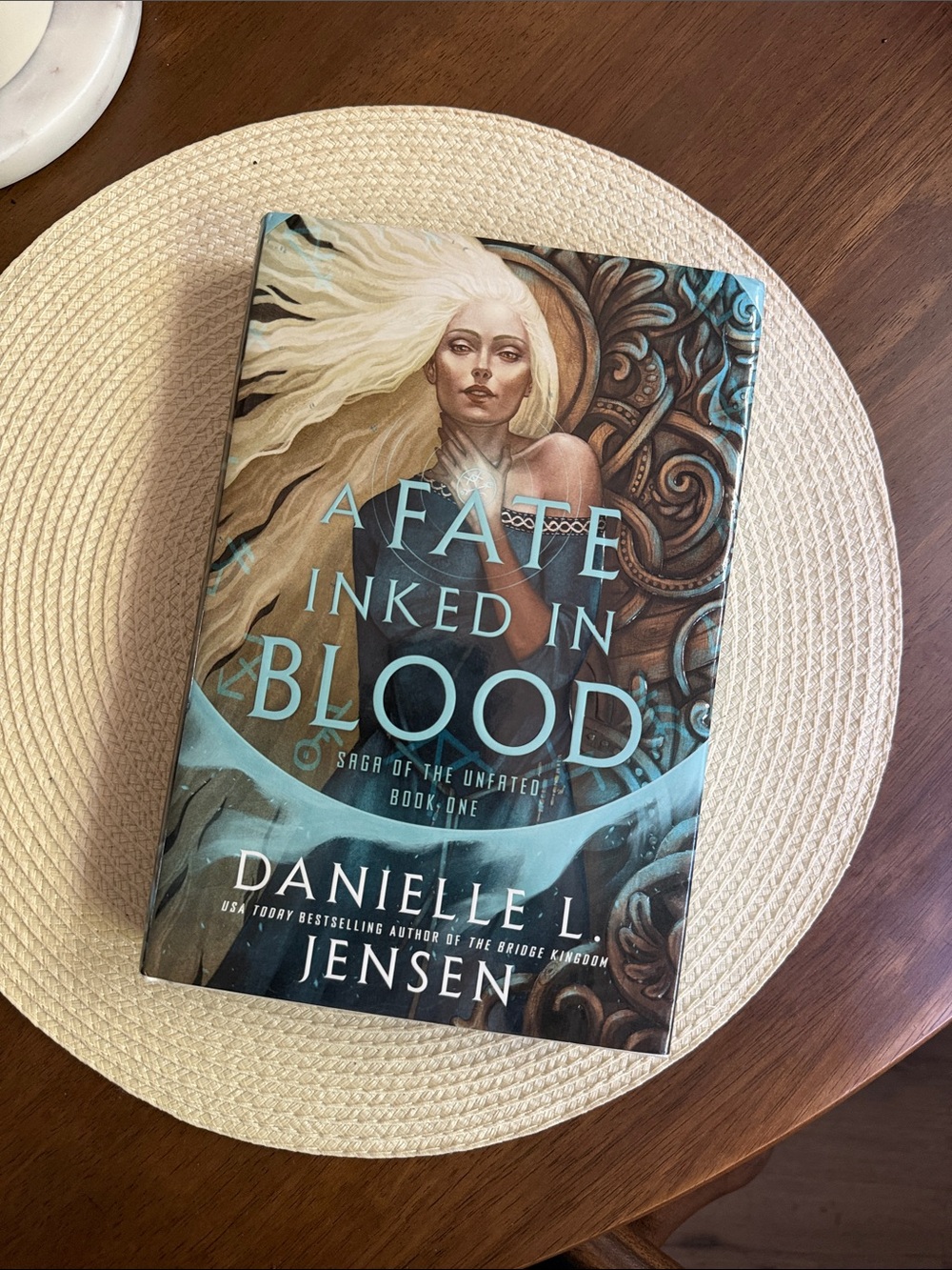 A Fate Inked in Blood by Danielle L. Jensen - Teal & Cream Hardcover Book